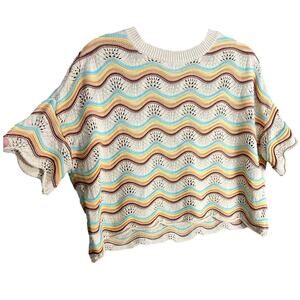 LSPACE Cotton Make Waves Knit Sweater Top Cream Size Small Boho Beachy Crew Neck